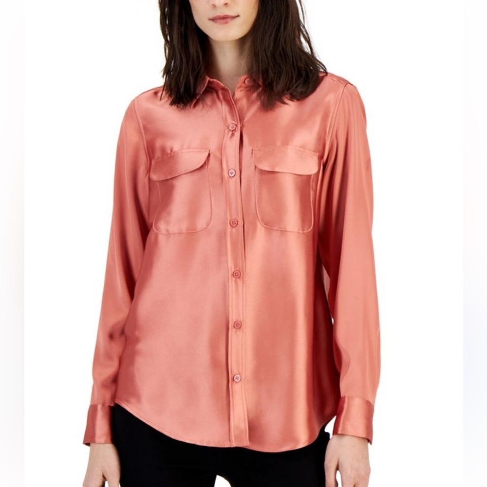 ALFANI Satin Collared Utility Blouse‎ in Rose Dust Career Businesscore Size XXL